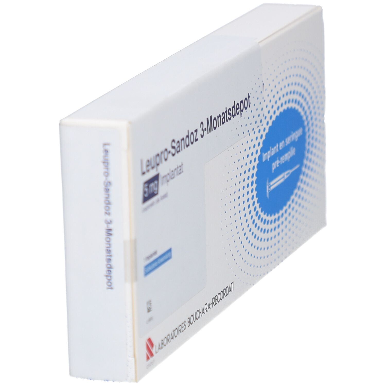 Schachtel LEUPRO-Sandoz 3-Monatsdepot 5 mg Implantat. Seitenansicht. Text: Implant en seringue pré-remplie.