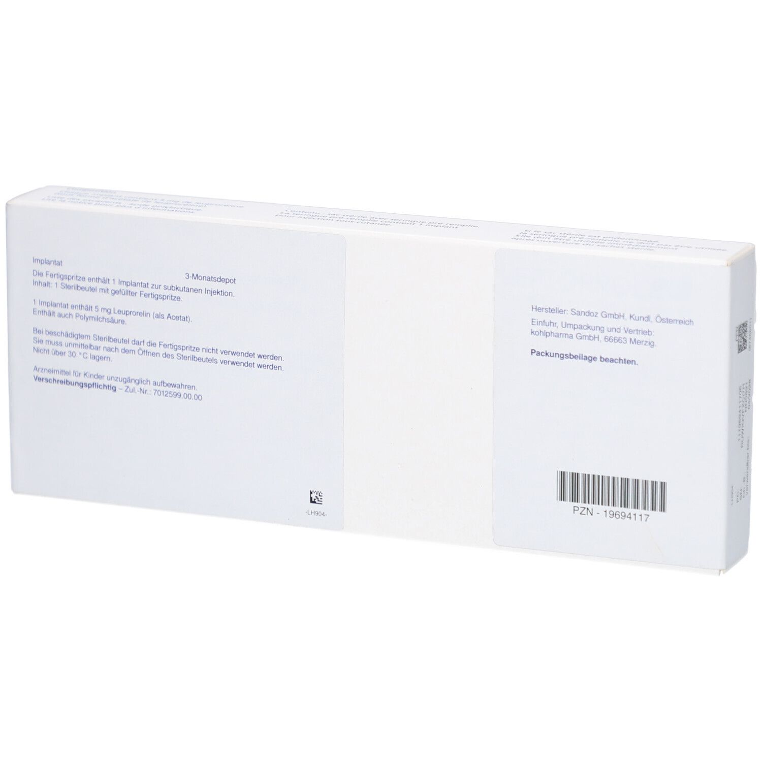 Rückseite der Schachtel LEUPRO-Sandoz 3-Monatsdepot. Text und Barcode. Herstellerangaben.