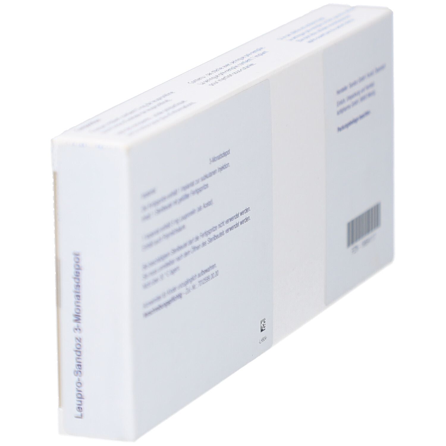 Seitenansicht der Schachtel LEUPRO-Sandoz 3-Monatsdepot. Text und Barcode.