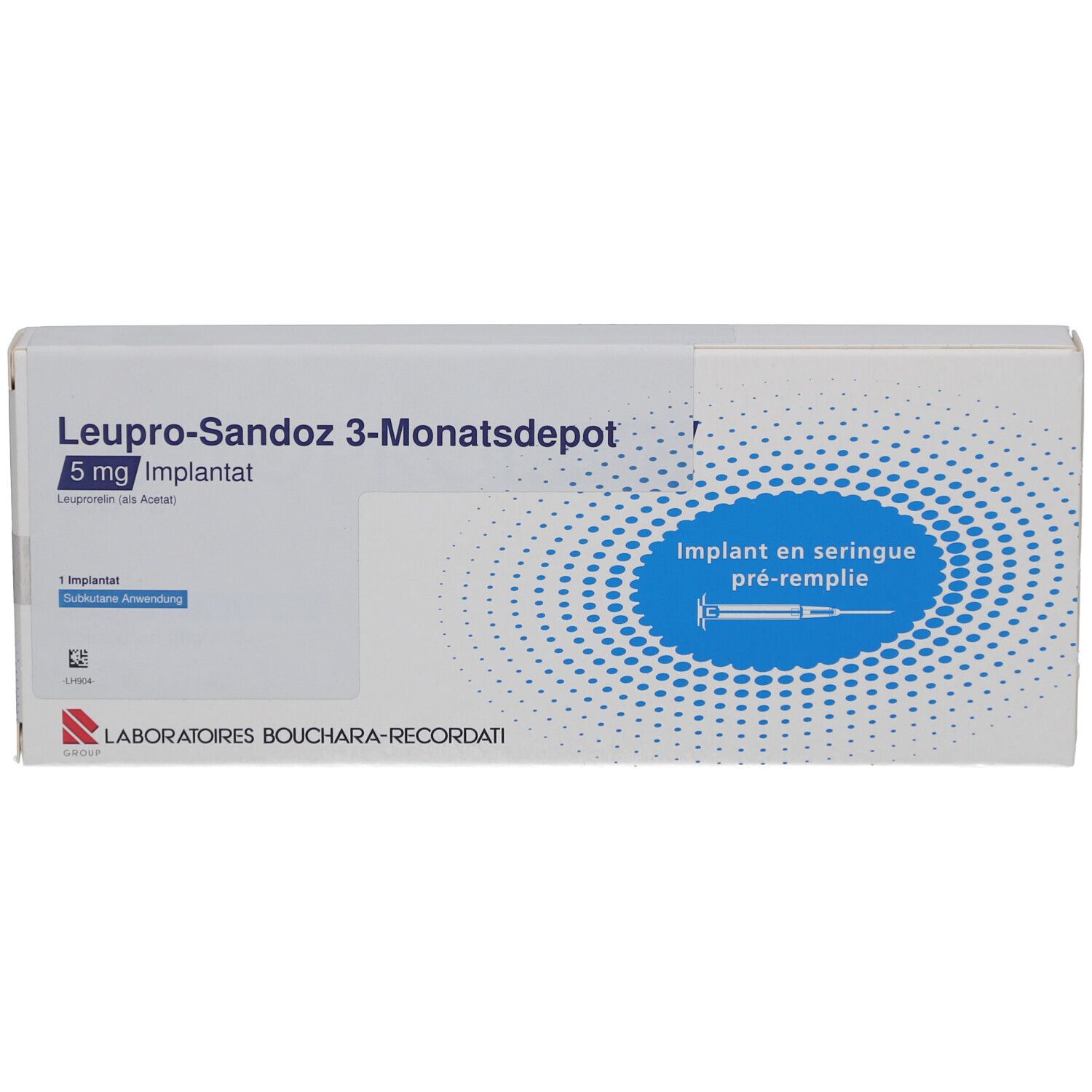 Schachtel LEUPRO-Sandoz 3-Monatsdepot 5 mg Implantat. Blaue Grafik mit Spritze. Text: Implant en seringue pré-remplie.
