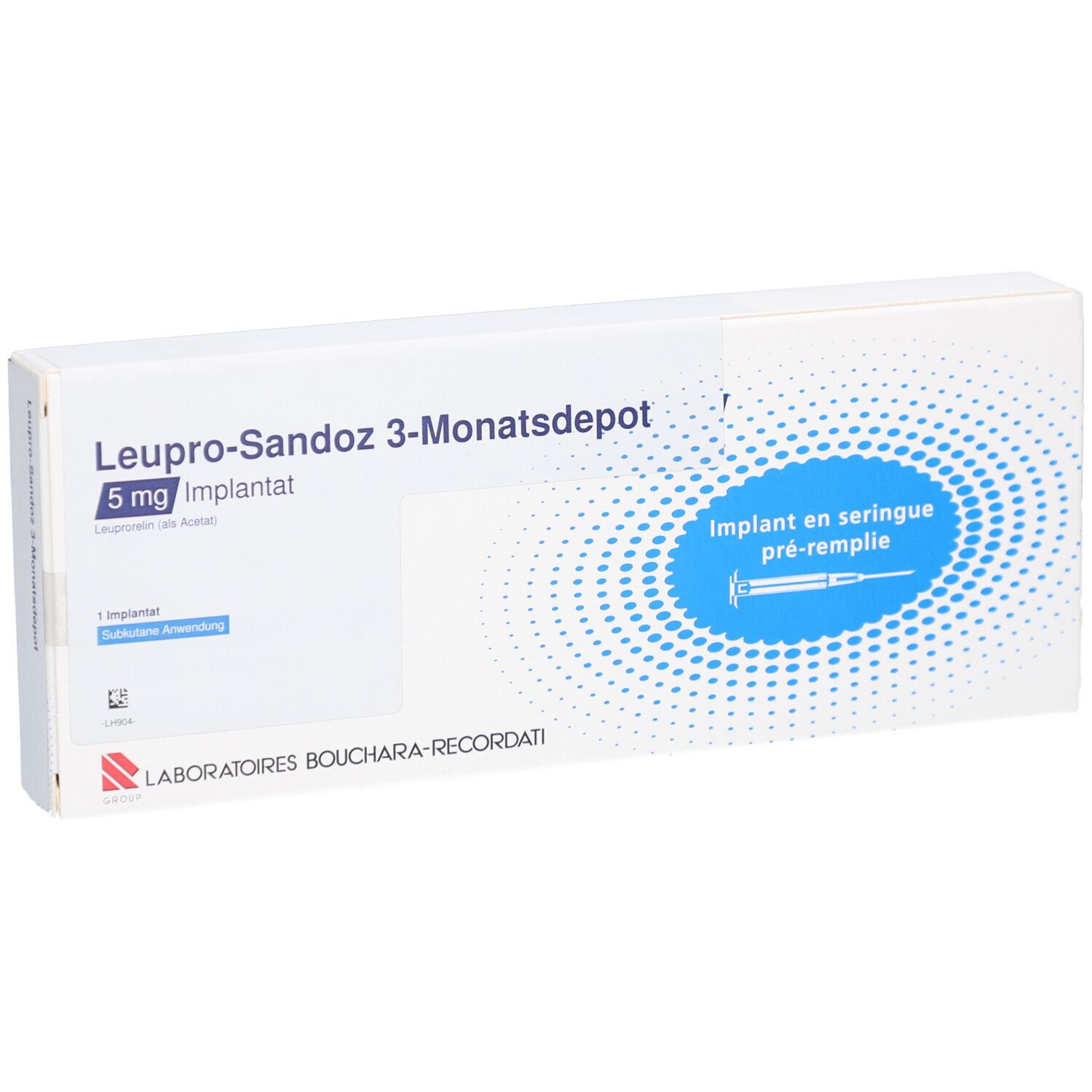 Schachtel LEUPRO-Sandoz 3-Monatsdepot 5 mg Implantat. Blaue Grafik mit Spritze. Text: Implant en seringue pré-remplie.
