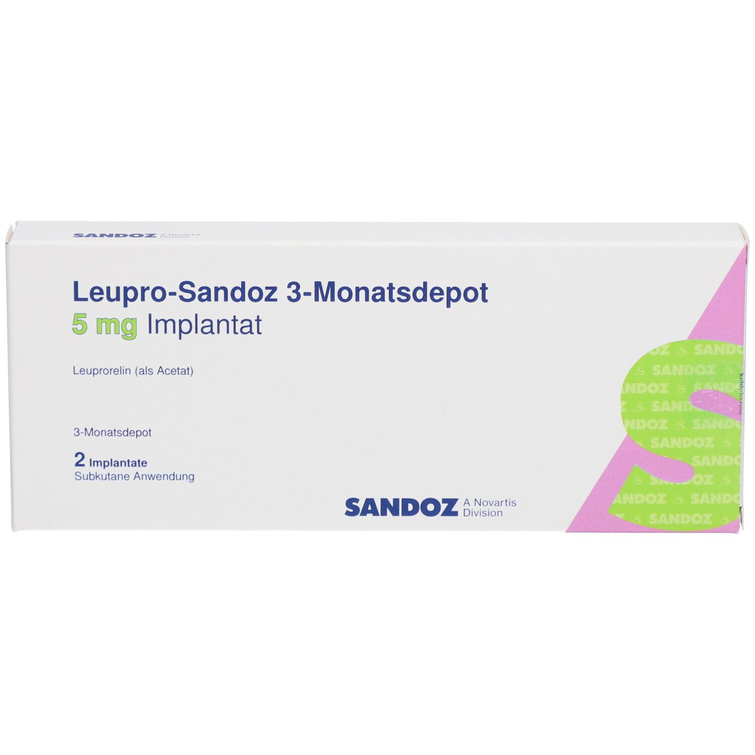 Weiße Schachtel mit Produktnamen: LEUPRO-Sandoz 3-Monatsdepot 5 mg Implantat. Logo Sandoz.