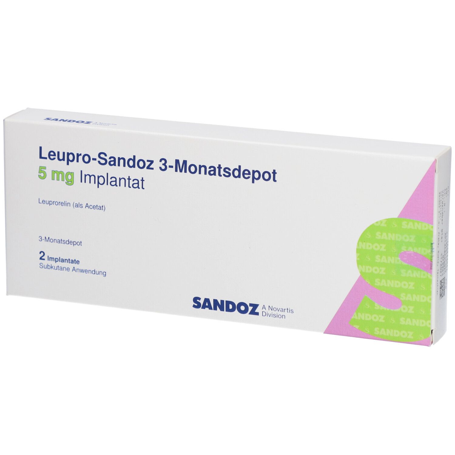 Weiße Schachtel mit Produktnamen: LEUPRO-Sandoz 3-Monatsdepot 5 mg Implantat. Logo Sandoz.