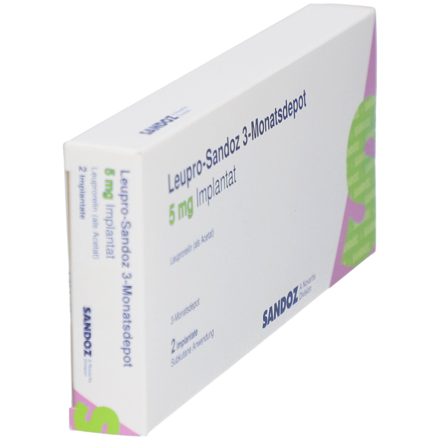 Schachtel, schräg. Produktname: LEUPRO-Sandoz 3-Monatsdepot 5 mg Implantat. Logo Sandoz.