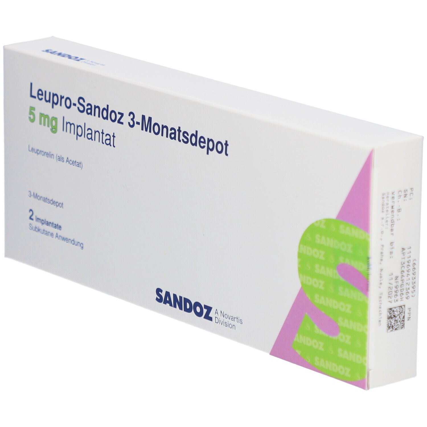 Schachtel, schräg. Produktname: LEUPRO-Sandoz 3-Monatsdepot 5 mg Implantat. Logo Sandoz.
