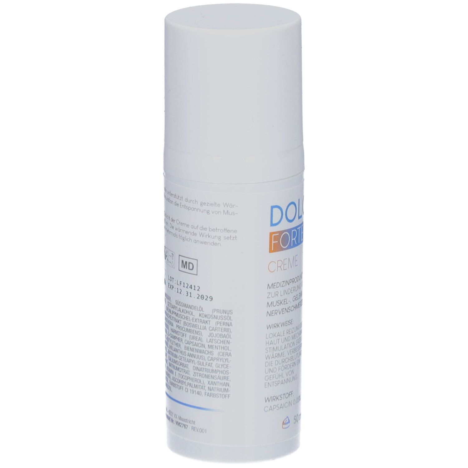 Weiße Creme-Tube mit blau-orangen Details. Text auf Deutsch. Deckel oben. Rückseite mit Inhaltsstoffen und Informationen.