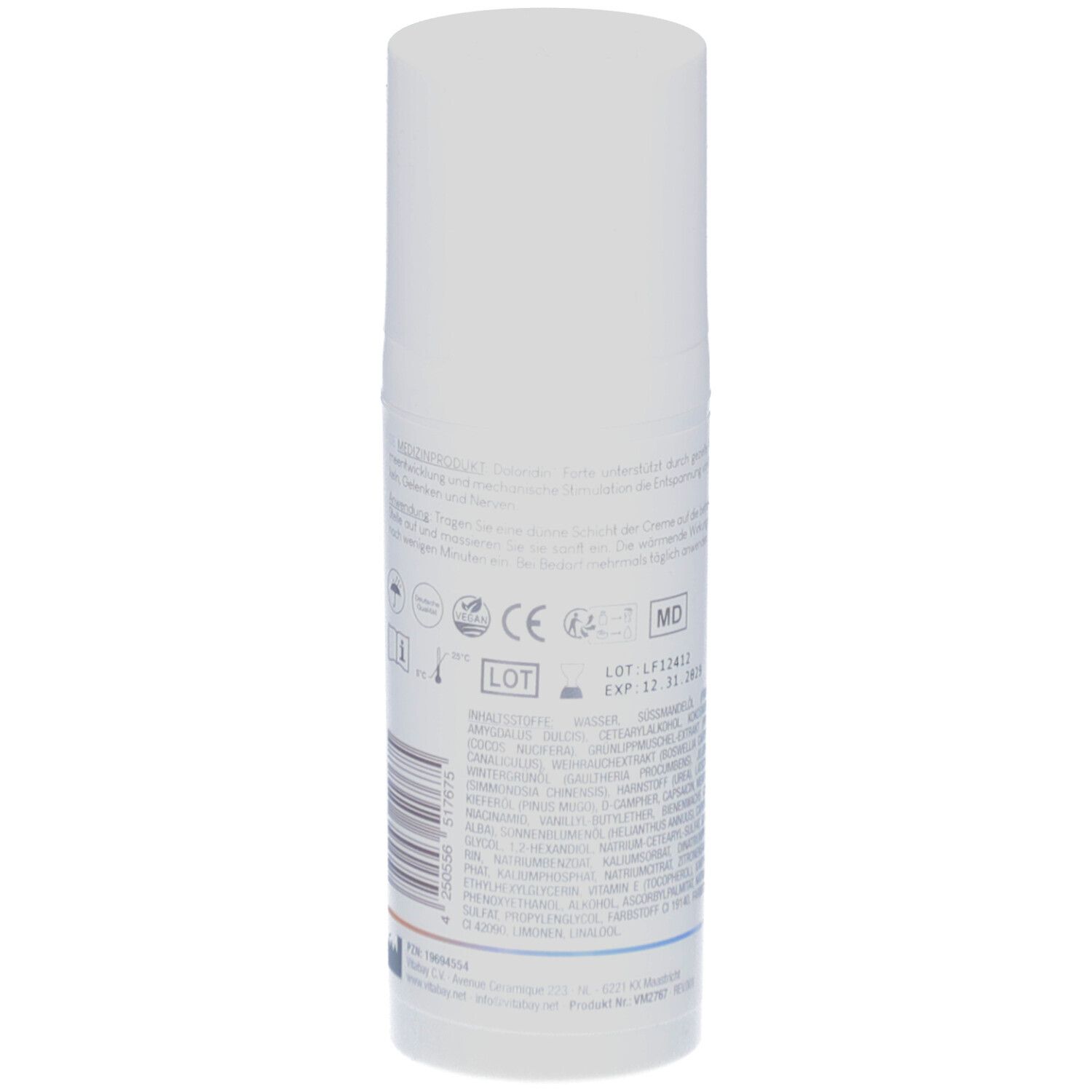 Weiße Creme-Tube mit Text und Barcode. Deckel oben. Rückseite mit Inhaltsstoffen und Informationen.