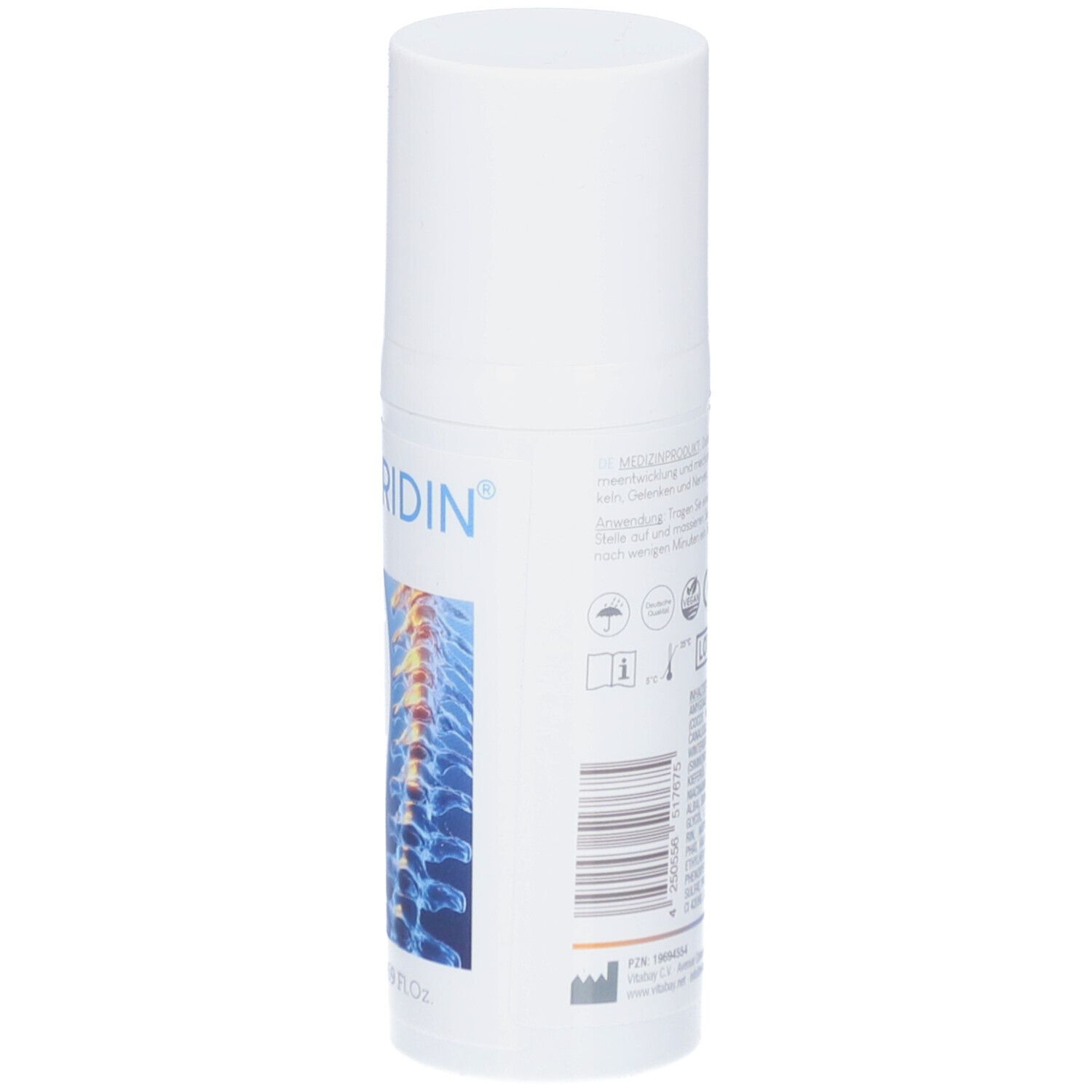 Weiße Creme-Tube mit blauem Wirbelsäulen-Design. Text auf Deutsch. Deckel oben. Produktname sichtbar.