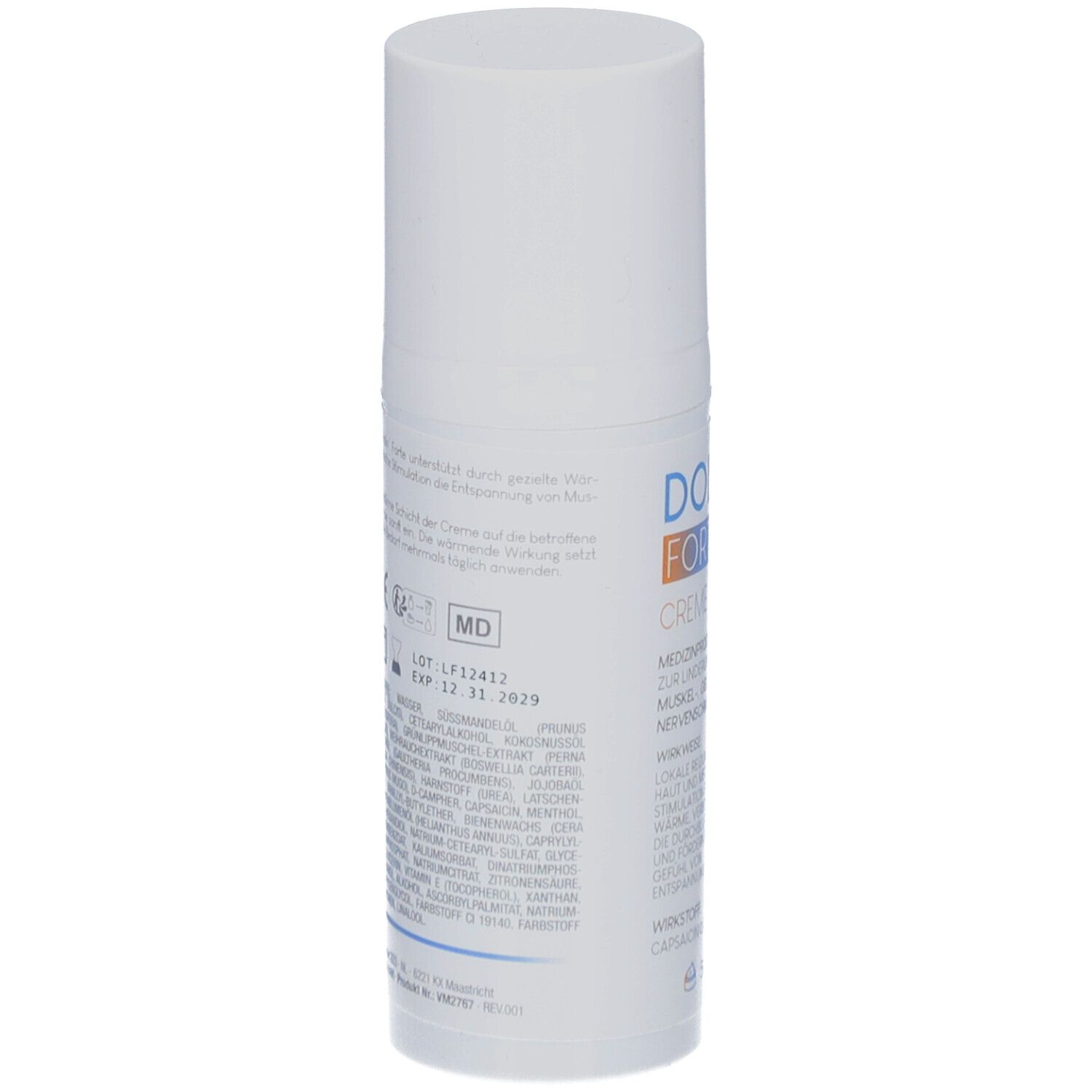 Weiße Creme-Tube mit Text und Barcode. Deckel oben. Rückseite mit Inhaltsstoffen und Informationen.