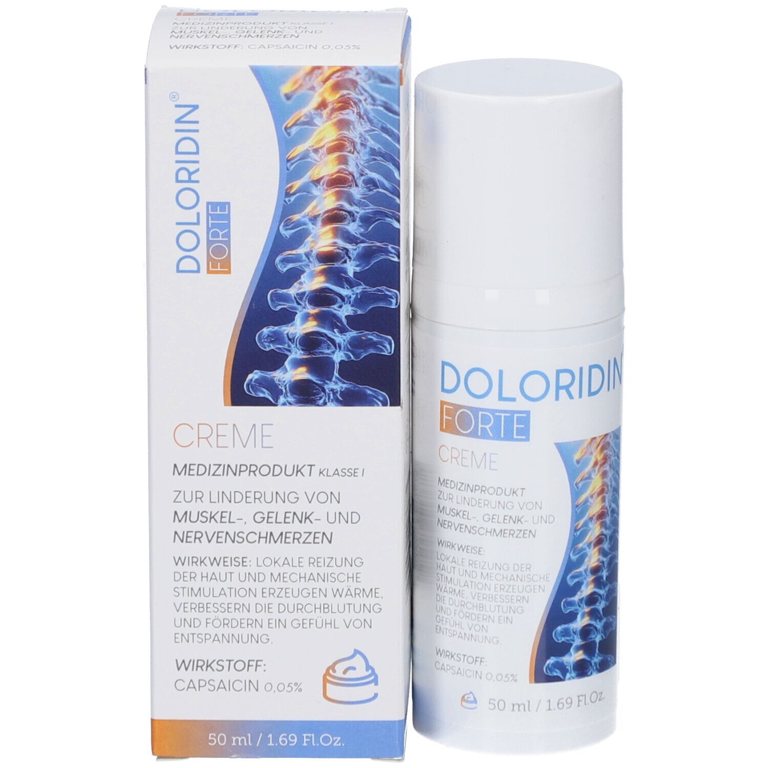 Schachtel und Tube. Schachtel mit blauem Wirbelsäulen-Design. Produktname und Text auf Deutsch. 50 ml.