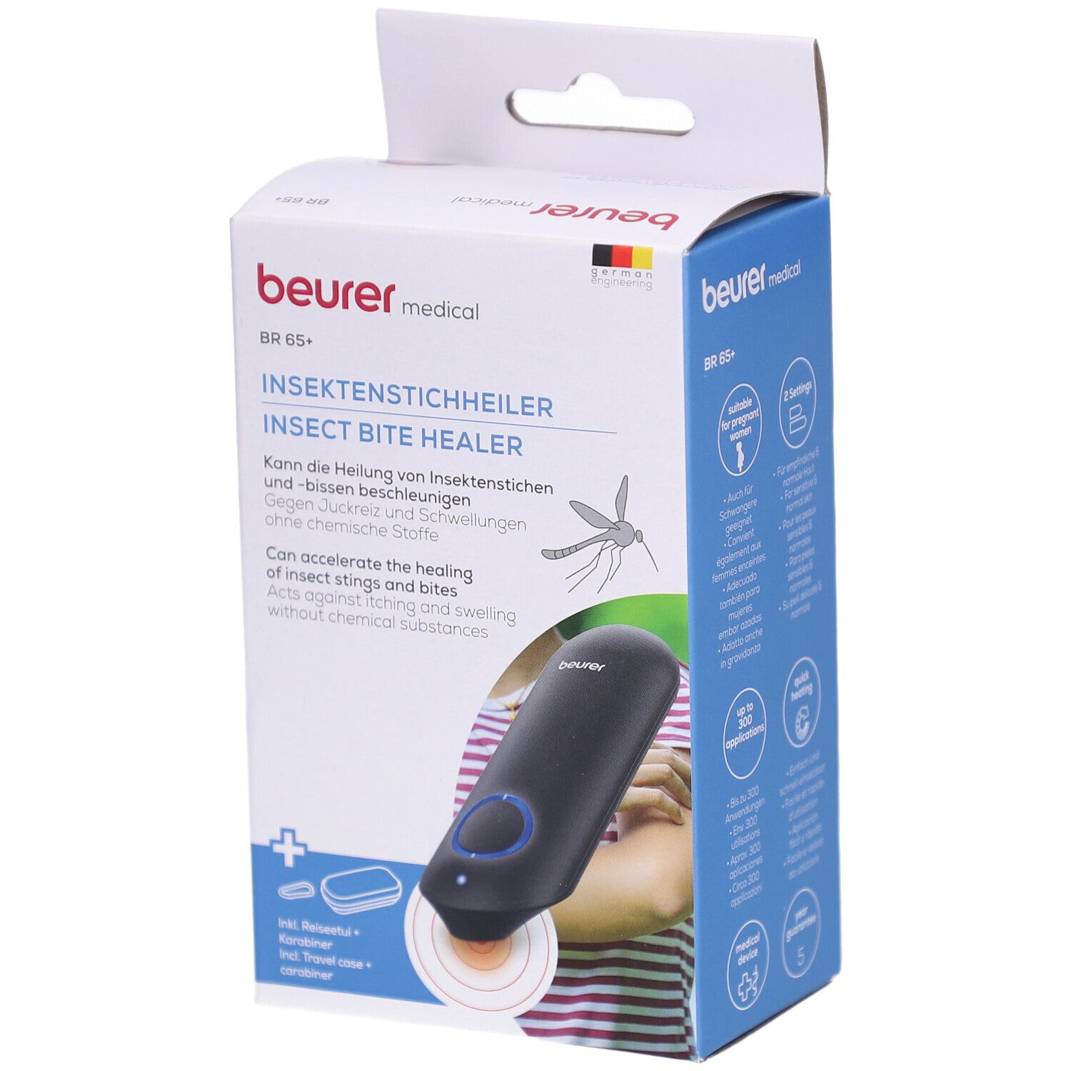 Beurer medical BR 65+ Insektenstichheiler. Schwarzes Gerät auf Verpackung. Text: Insektenstichheiler, Insect Bite Healer.