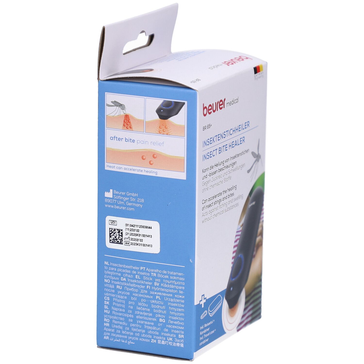 Beurer medical BR 65+ Verpackung. Seitenansicht mit Text und Abbildungen. Text: Insektenstichheiler, After bite pain relief.