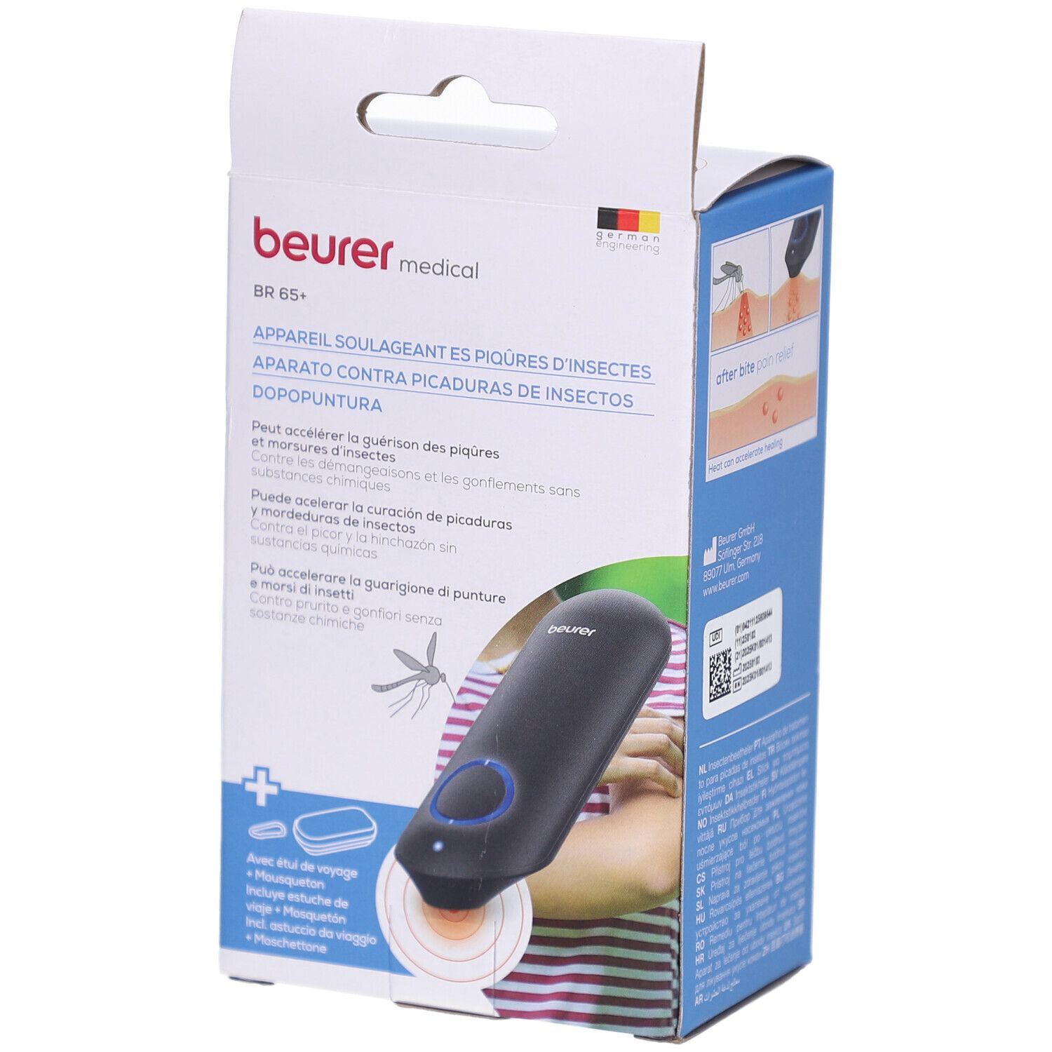 Beurer medical BR 65+ Verpackung. Seitenansicht mit Text und Abbildungen. Text: Appareil soulagement es piqûres d'insectes.
