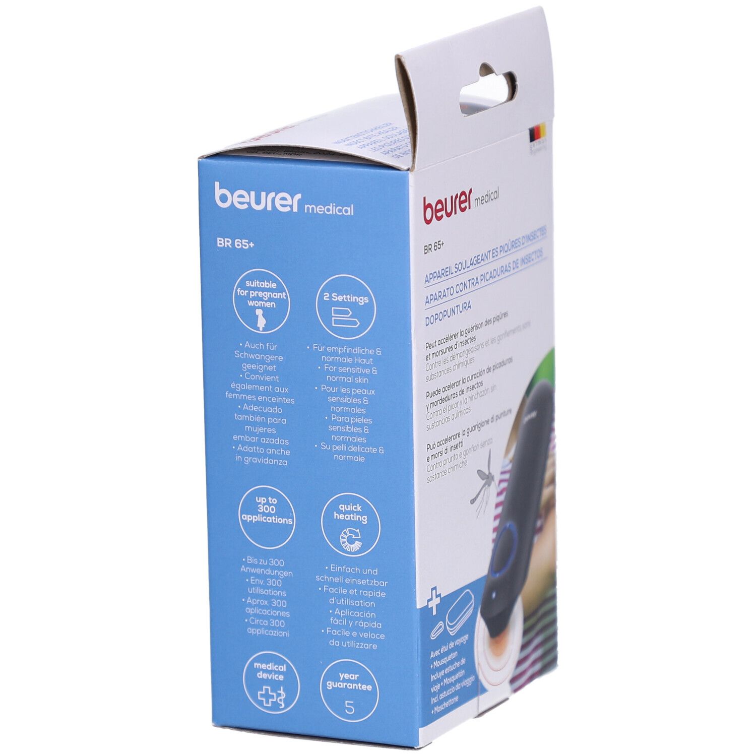 Beurer medical BR 65+ Verpackung. Seitenansicht mit Text und Abbildungen. Text: 2 Settings, up to 300 applications, medical device.