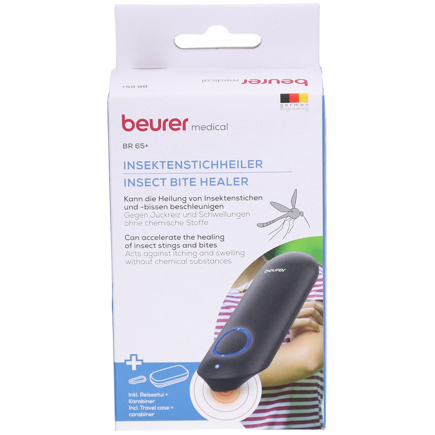 Beurer medical BR 65+ Insektenstichheiler. Schwarzes Gerät auf Verpackung. Text: Insektenstichheiler, Insect Bite Healer.