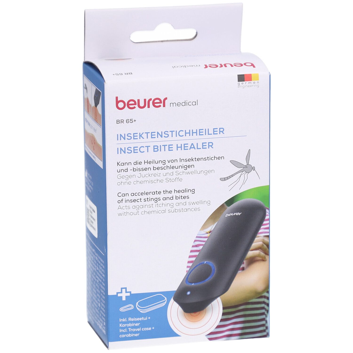 Beurer medical BR 65+ Insektenstichheiler. Schwarzes Gerät auf Verpackung. Text: Insektenstichheiler, Insect Bite Healer.