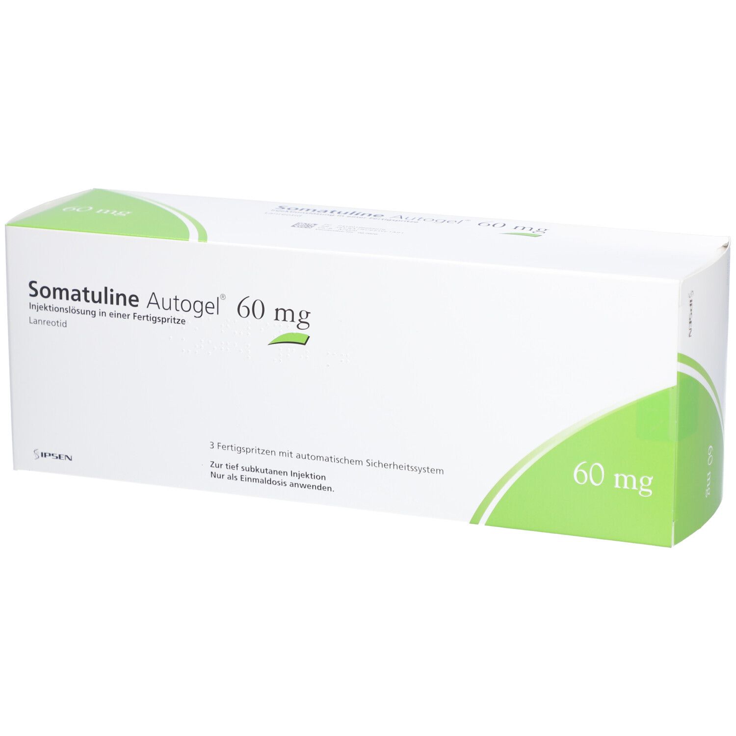 Karton mit Produktaufdruck. Beschriftung: SOMATULINE Autogel 60 mg. Grüne Akzente. 3 Fertigspritzen. Text in Deutsch.