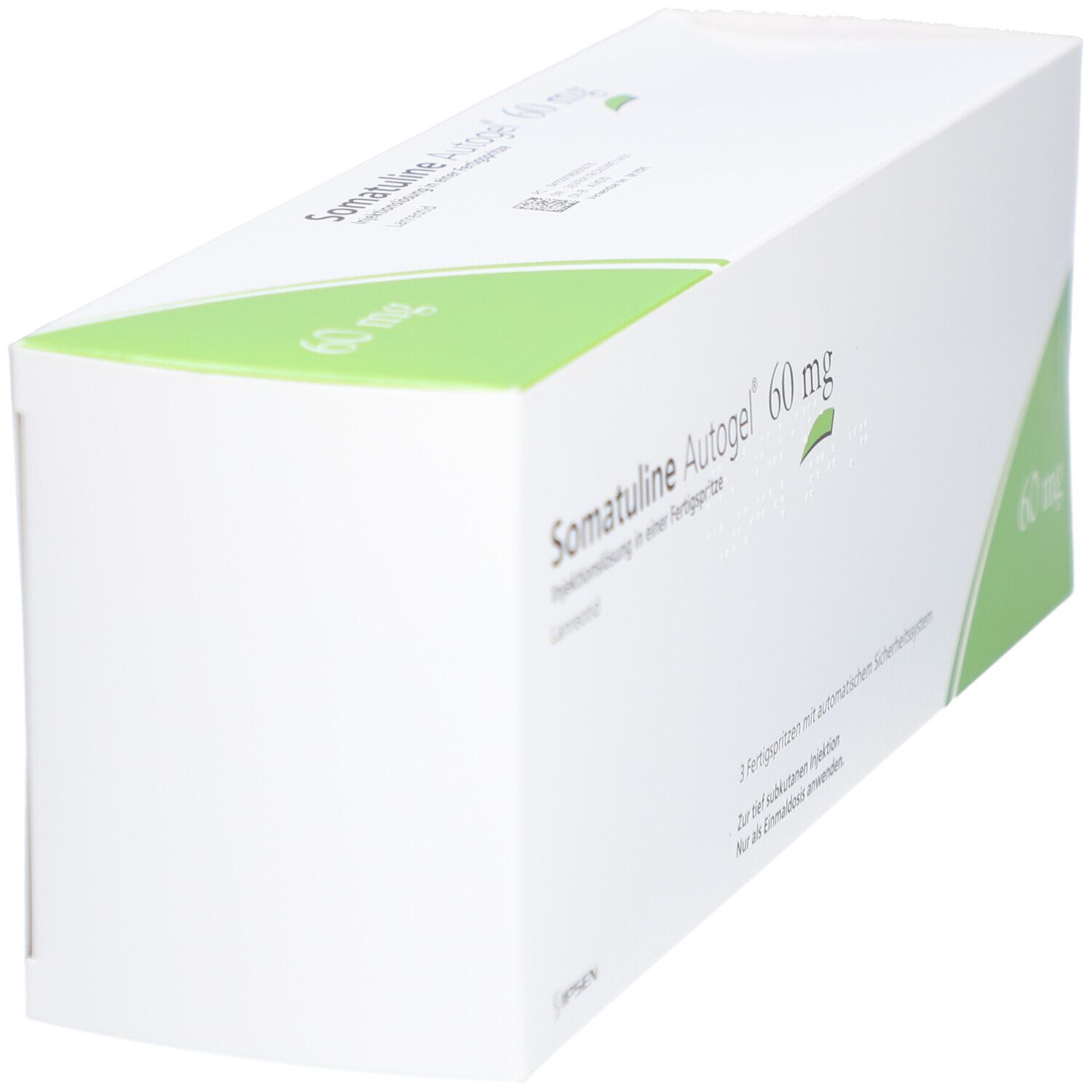 Schräg stehende Produktverpackung. Weißer Karton mit grünen Akzenten. Beschriftung: SOMATULINE Autogel 60 mg. Text in Deutsch.