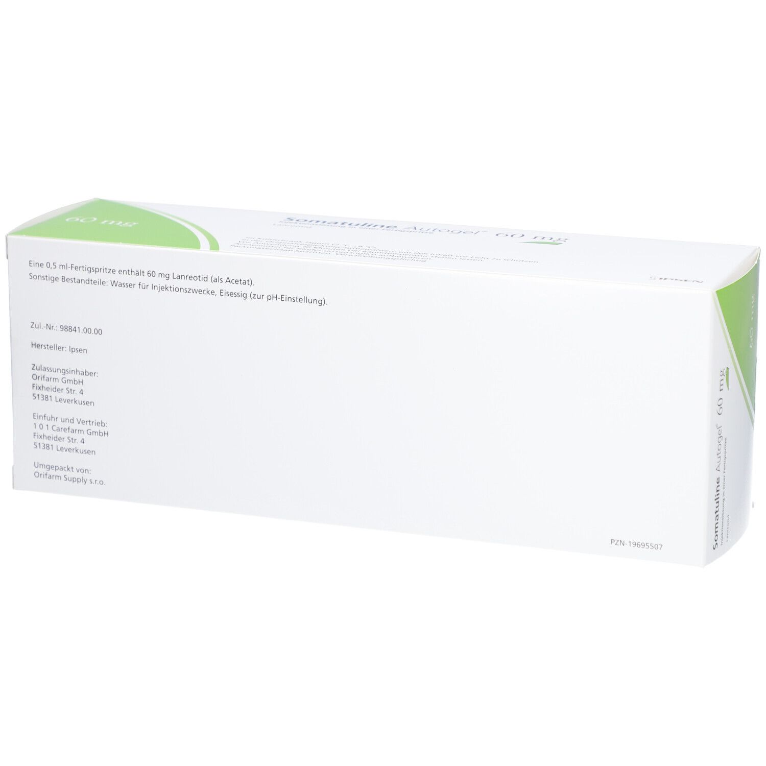 Rückseite der Produktverpackung. Weißer Karton mit Text. Beschriftung: SOMATULINE Autogel 60 mg. Text in Deutsch.