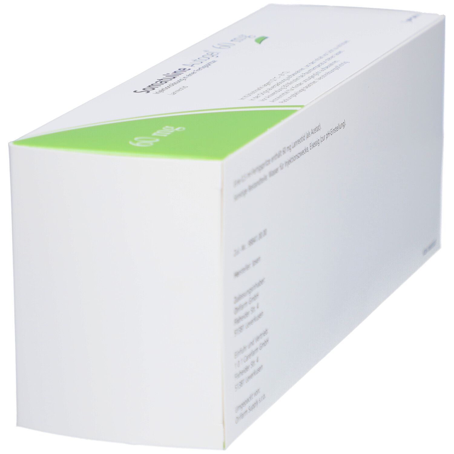 Schräg stehende Produktverpackung. Weißer Karton mit Text. Beschriftung: SOMATULINE Autogel 60 mg. Text in Deutsch.