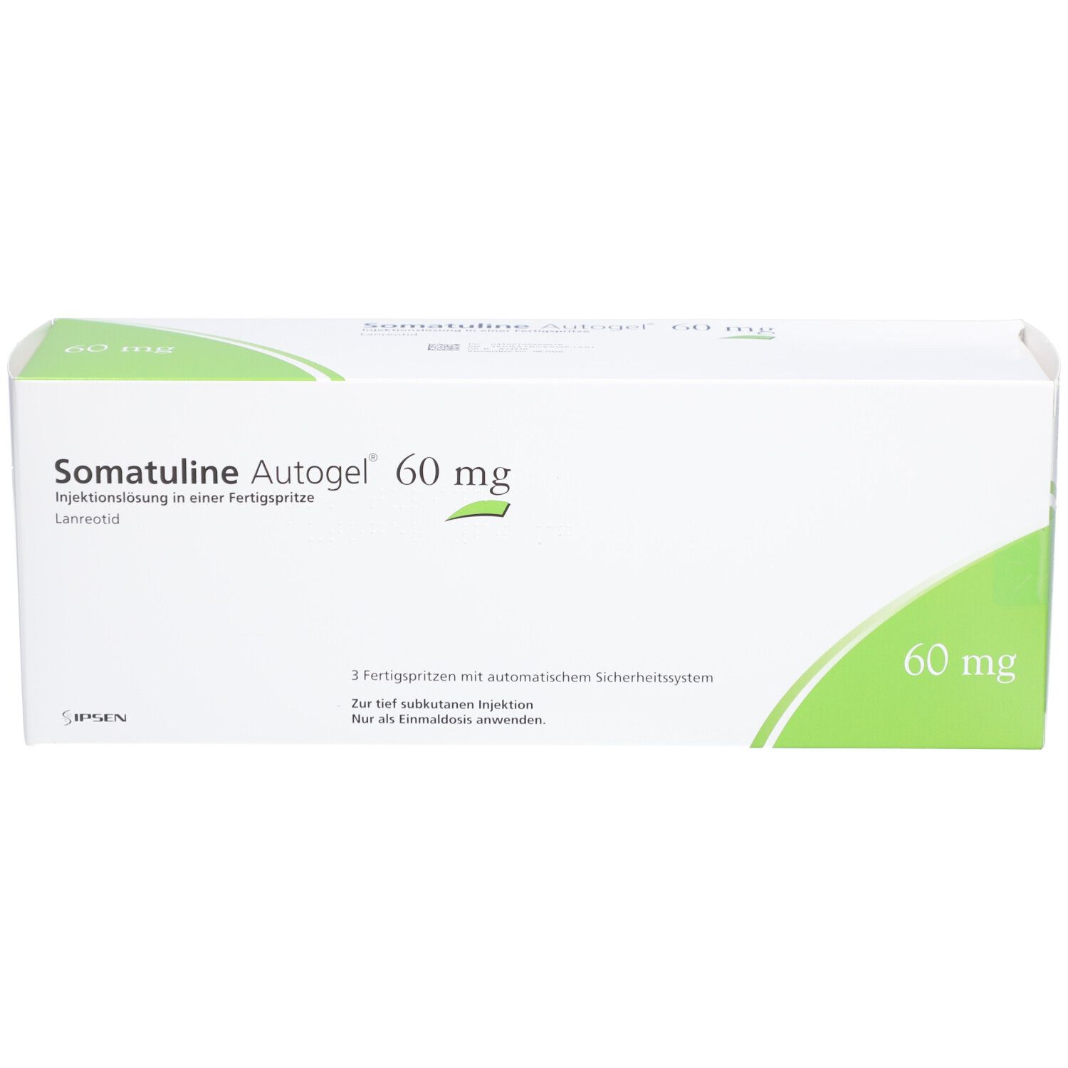 Produktverpackung. Weißer Karton mit grünen Akzenten. Beschriftung: SOMATULINE Autogel 60 mg. Text in Deutsch. 3 Fertigspritzen.