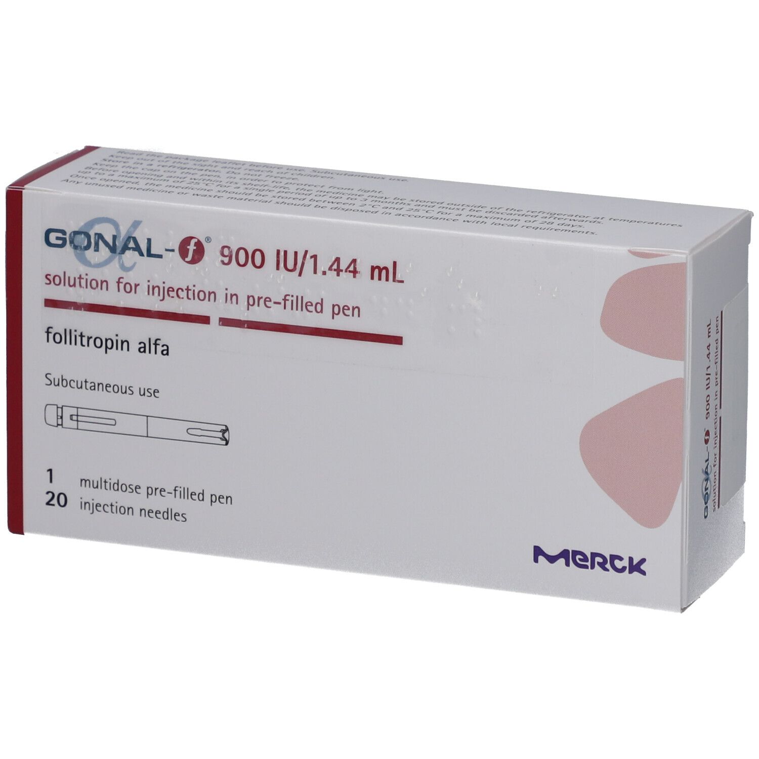 Karton mit GONAL-f 900 I.E./1,44 ml. Enthält eine Fertigpen und 20 Injektionsnadeln. Merck-Logo.