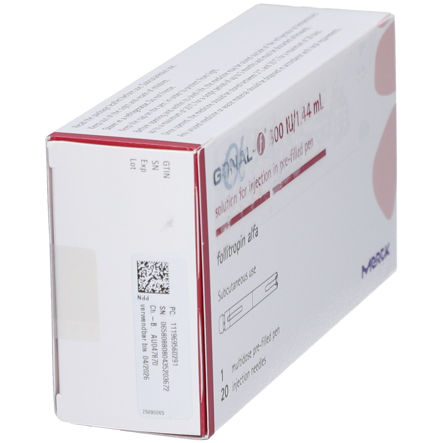 Seitenansicht der GONAL-f-Verpackung. Enthält Informationen und Barcode. Merck-Logo.
