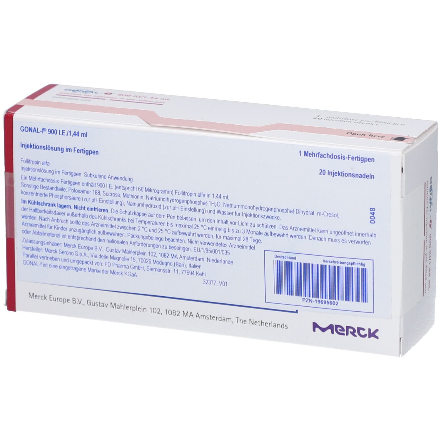 Rückseite der GONAL-f-Verpackung. Enthält Informationen und Barcode. Merck-Logo.