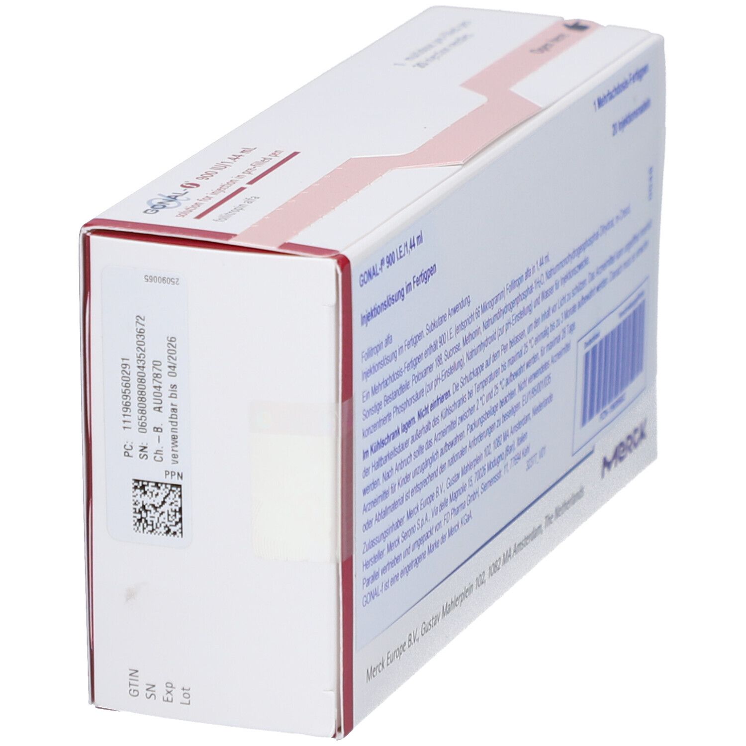 Seitenansicht der GONAL-f-Verpackung. Enthält Informationen und Barcode. Merck-Logo.