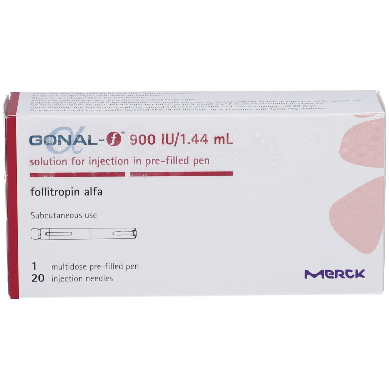 Karton mit GONAL-f 900 I.E./1,44 ml. Enthält eine Fertigpen und 20 Injektionsnadeln. Merck-Logo.