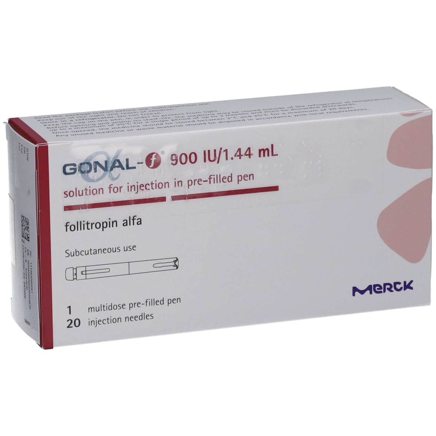 Karton mit GONAL-f 900 I.E./1,44 ml. Enthält eine Fertigpen und 20 Injektionsnadeln. Merck-Logo.