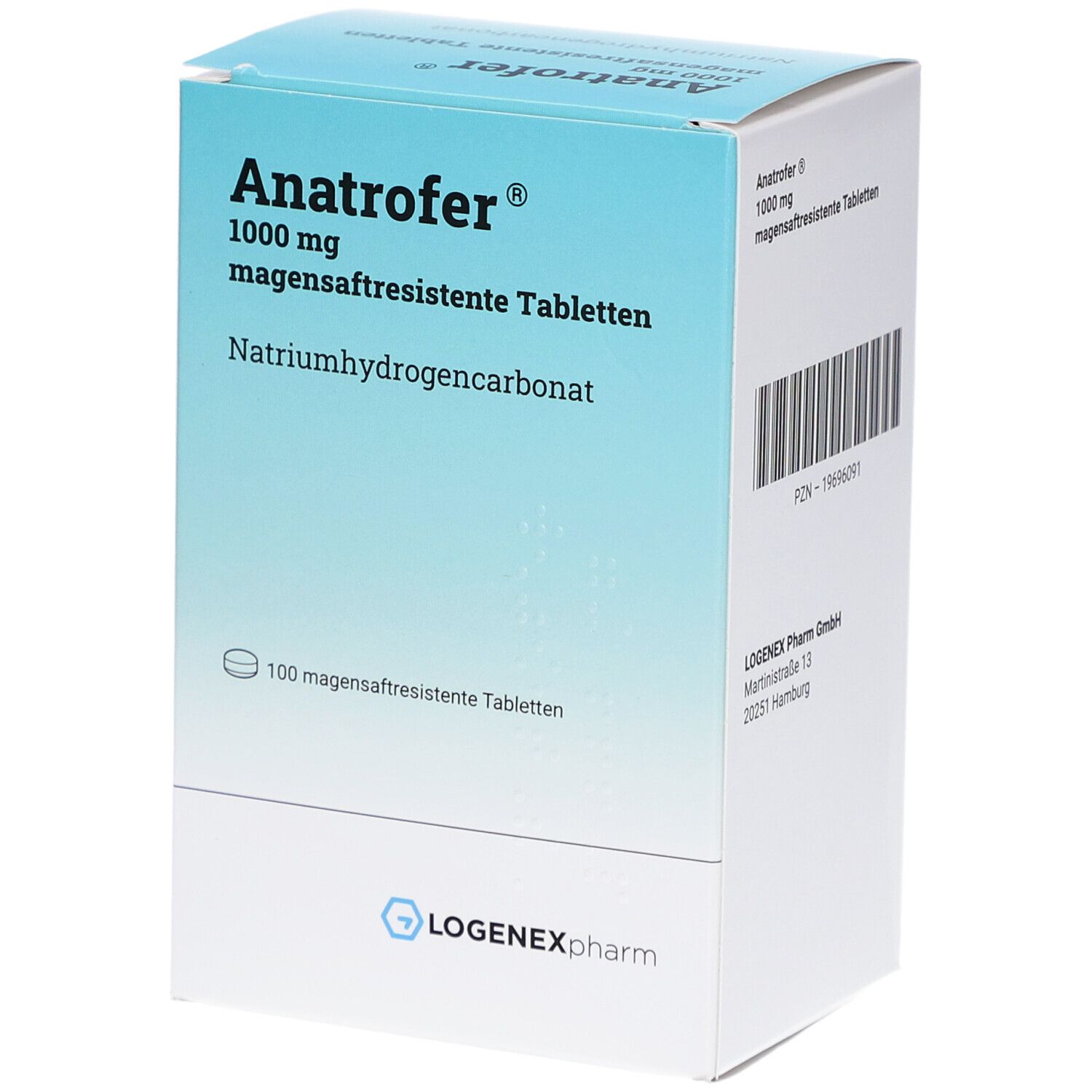 Karton mit "Anatrofer" 1000 mg magensaftresistente Tabletten. Blaue und weiße Verpackung. Logo von LOGENEXpharm.