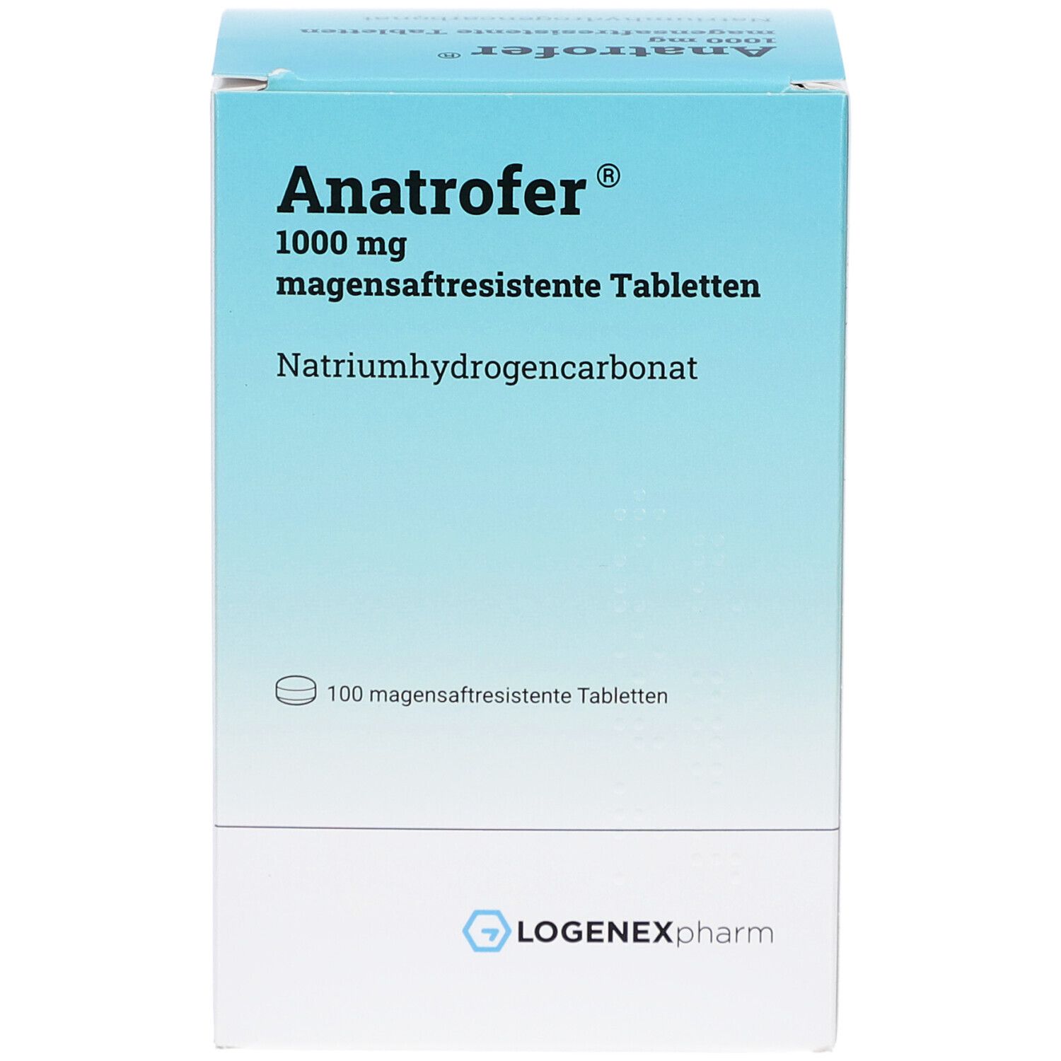 Karton "Anatrofer" 1000 mg magensaftresistente Tabletten. Blaue und weiße Verpackung. Logo LOGENEXpharm.