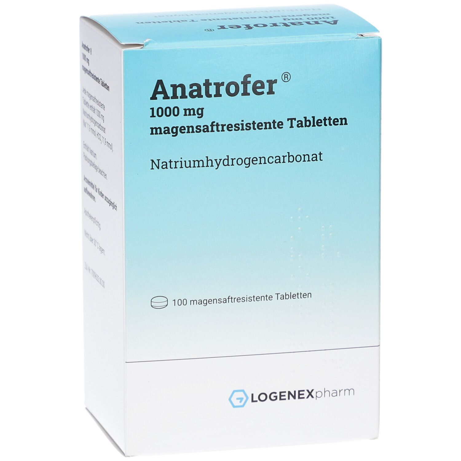 Karton "Anatrofer" 1000 mg magensaftresistente Tabletten. Blaue und weiße Verpackung. Logo LOGENEXpharm.