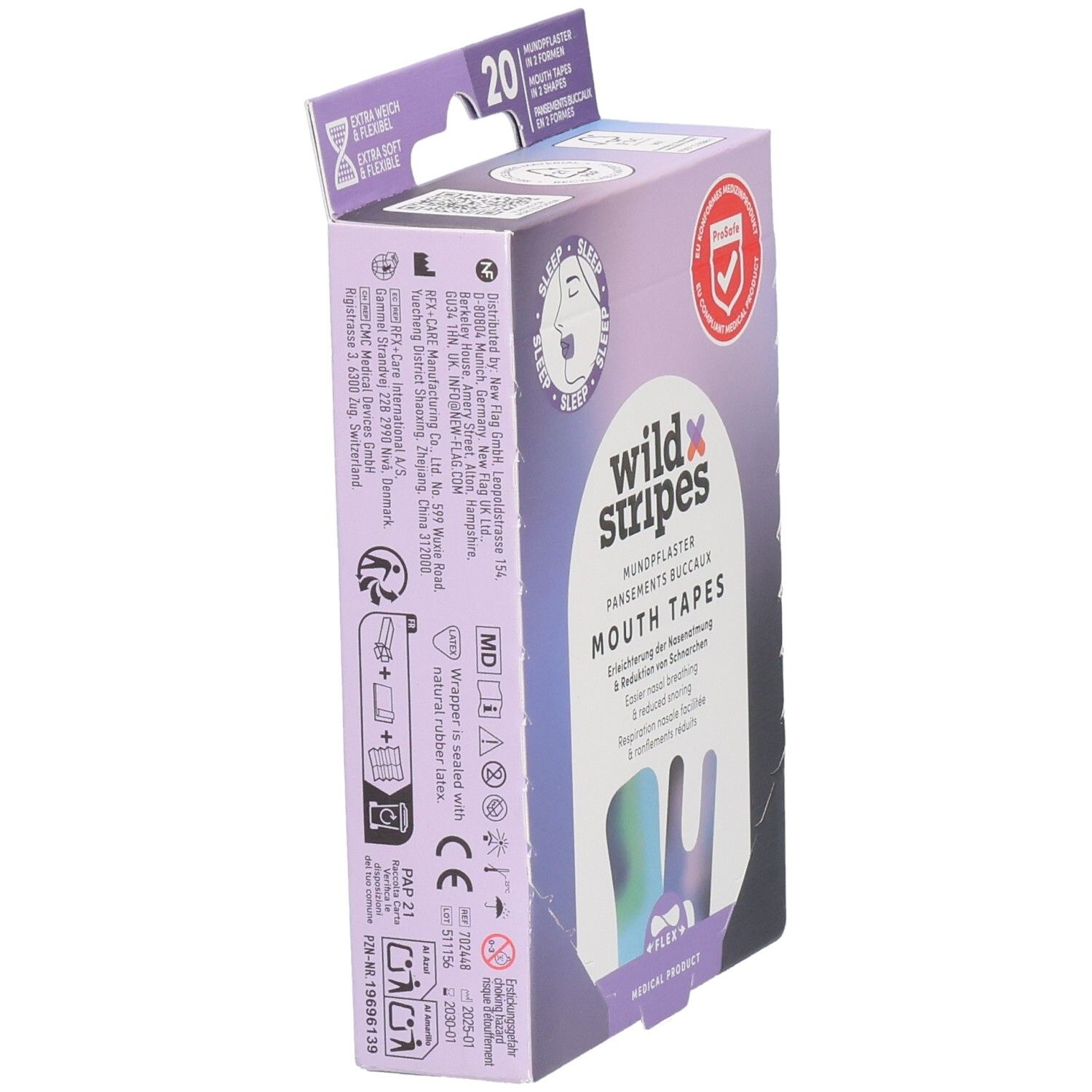 Seitenansicht der Verpackung mit Mundpflastern. Marke: wild stripes. Text und Symbole sind sichtbar.