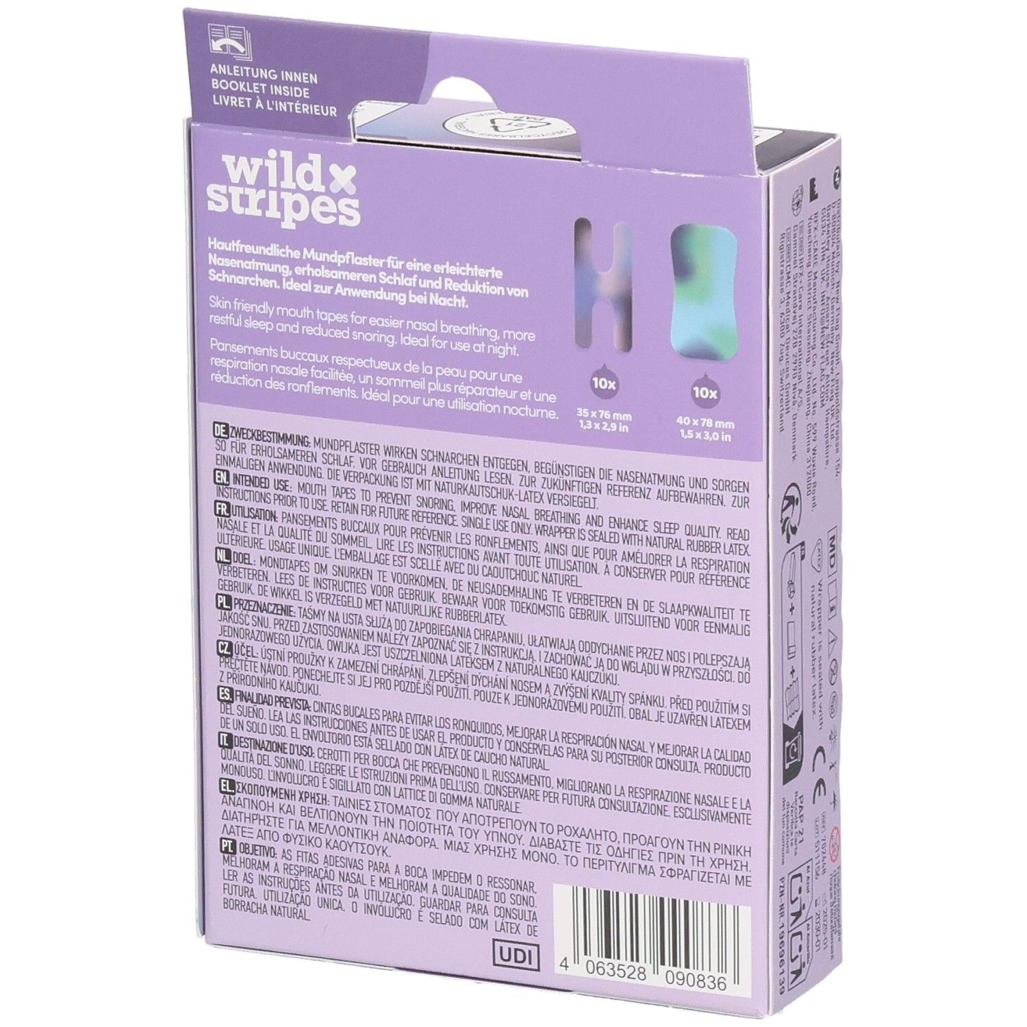 Rückseite der Verpackung mit Mundpflastern. Marke: wild stripes. Produktinformationen und Gebrauchsanweisung.