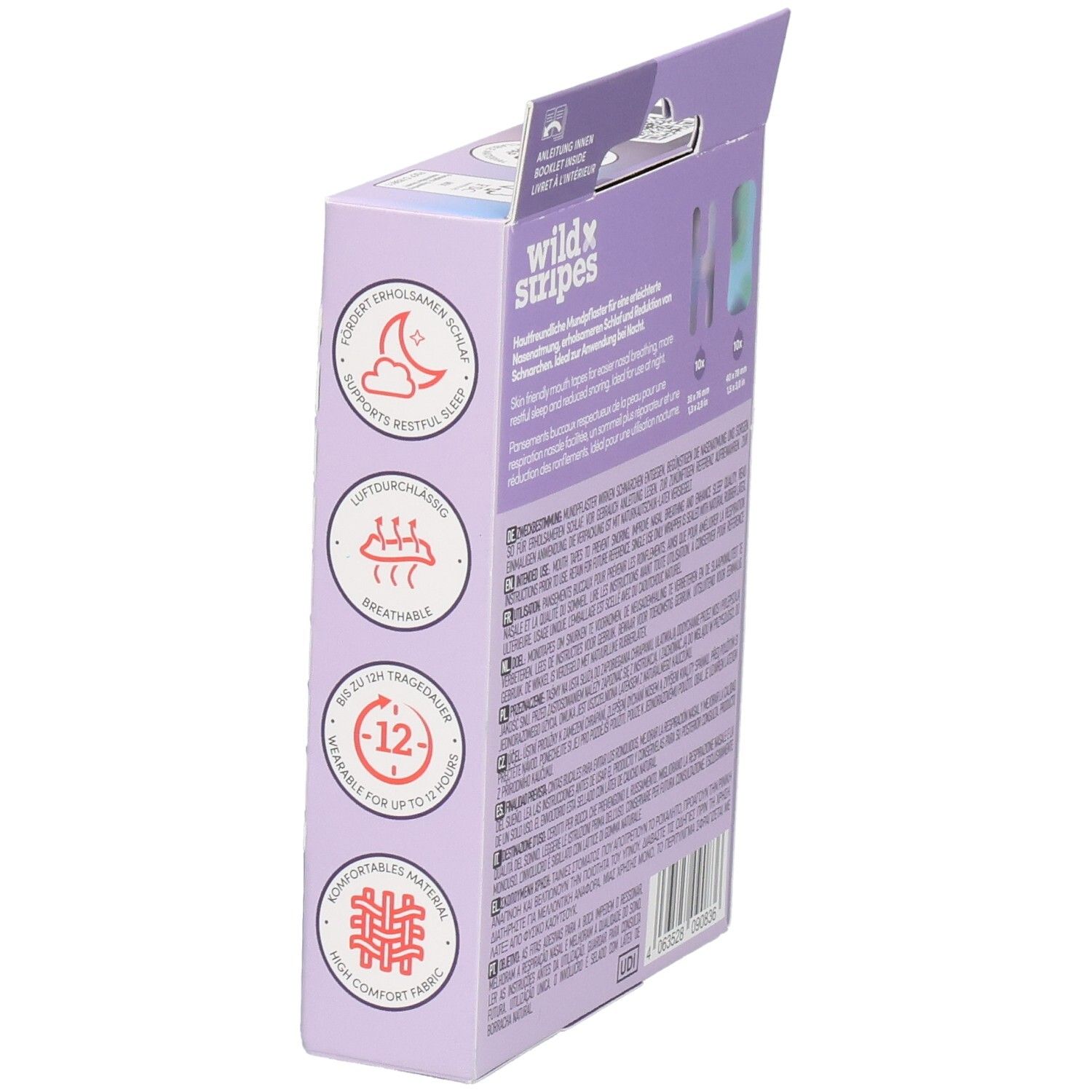 Seitenansicht der Verpackung mit Mundpflastern. Marke: wild stripes. Symbole und Text sind sichtbar.