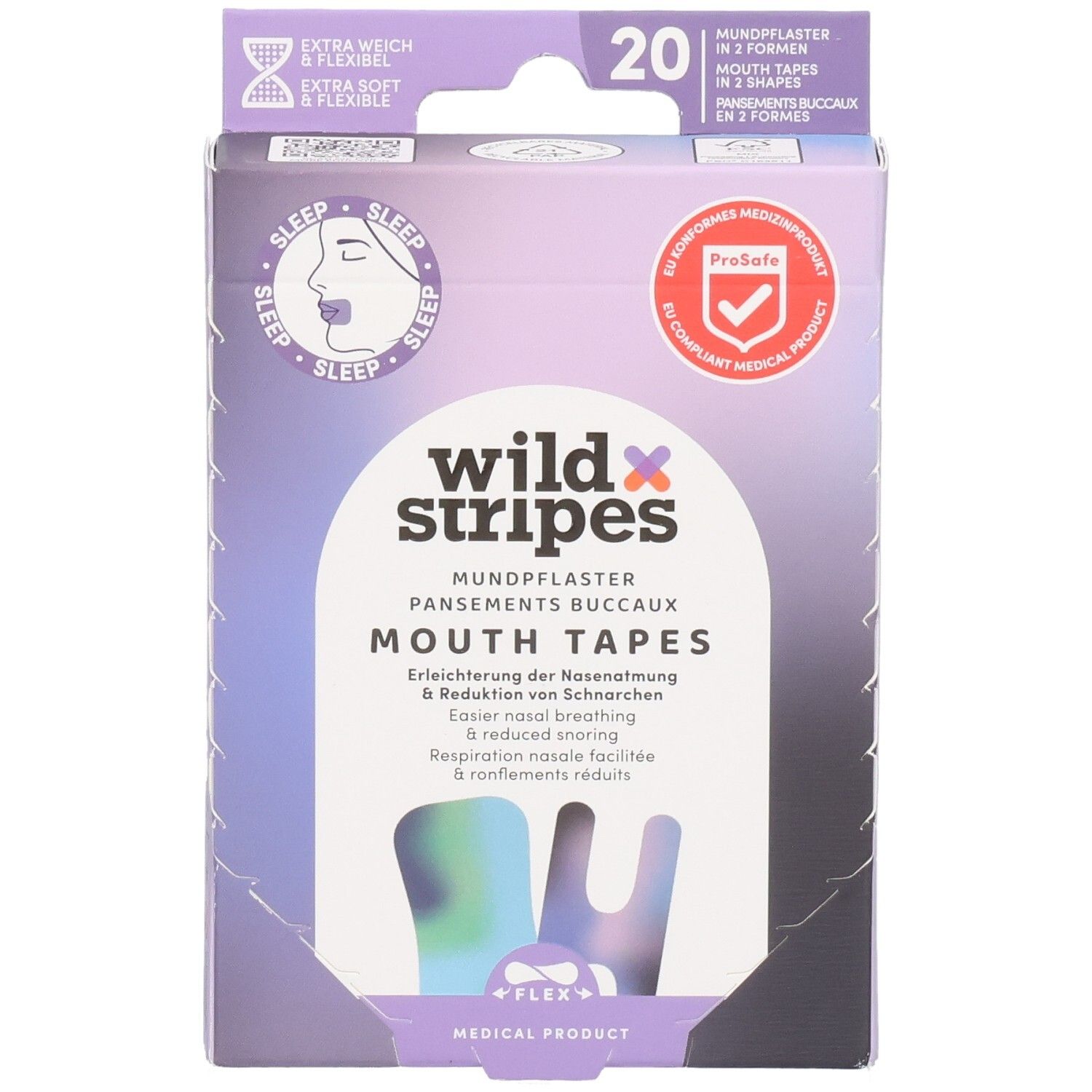 Verpackung mit Mundpflastern. Marke: wild stripes. Enthält 20 Pflaster in zwei Formen. Mit Zertifizierung.