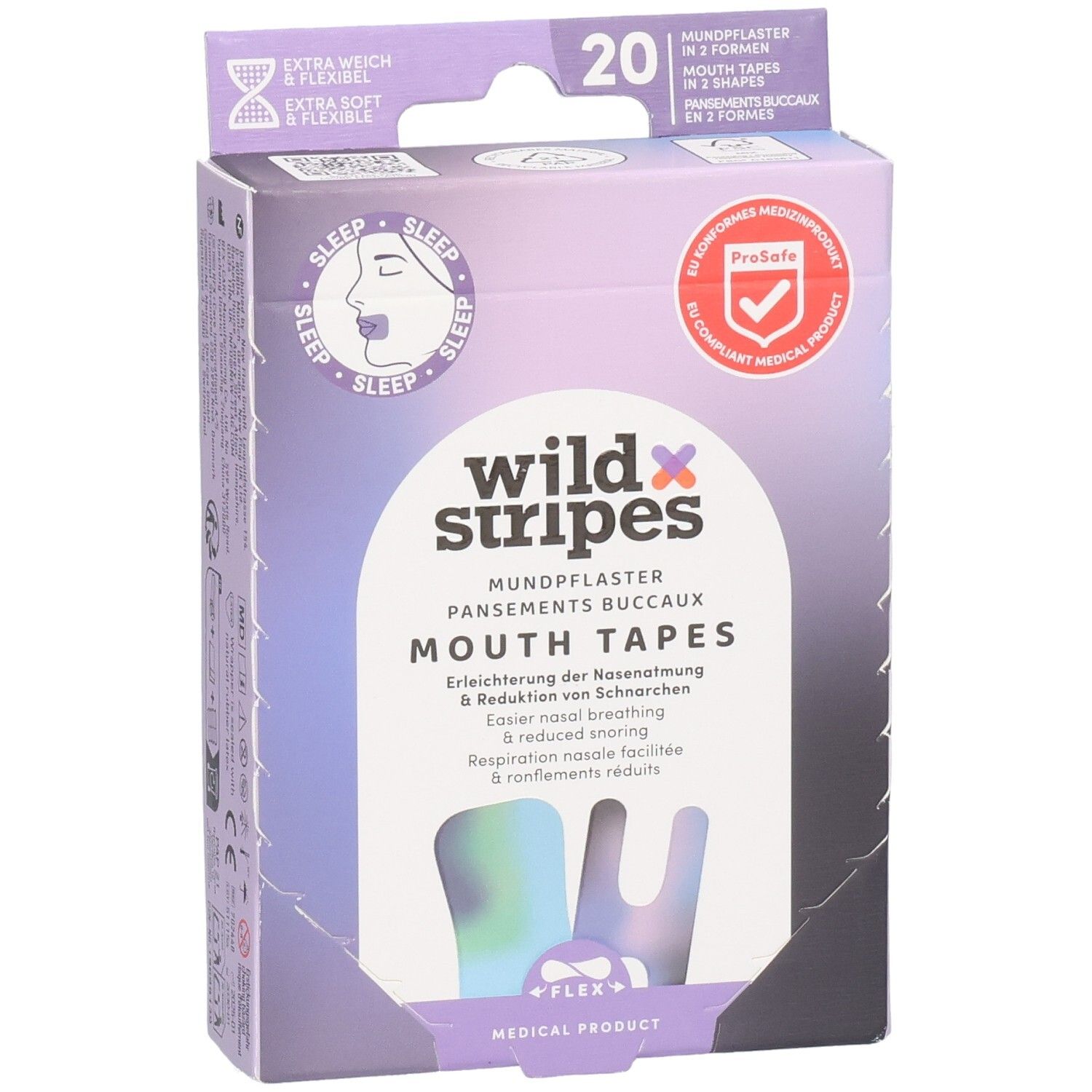 Verpackung mit Mundpflastern. Marke: wild stripes. Enthält 20 Pflaster in zwei Formen. Mit Zertifizierung.