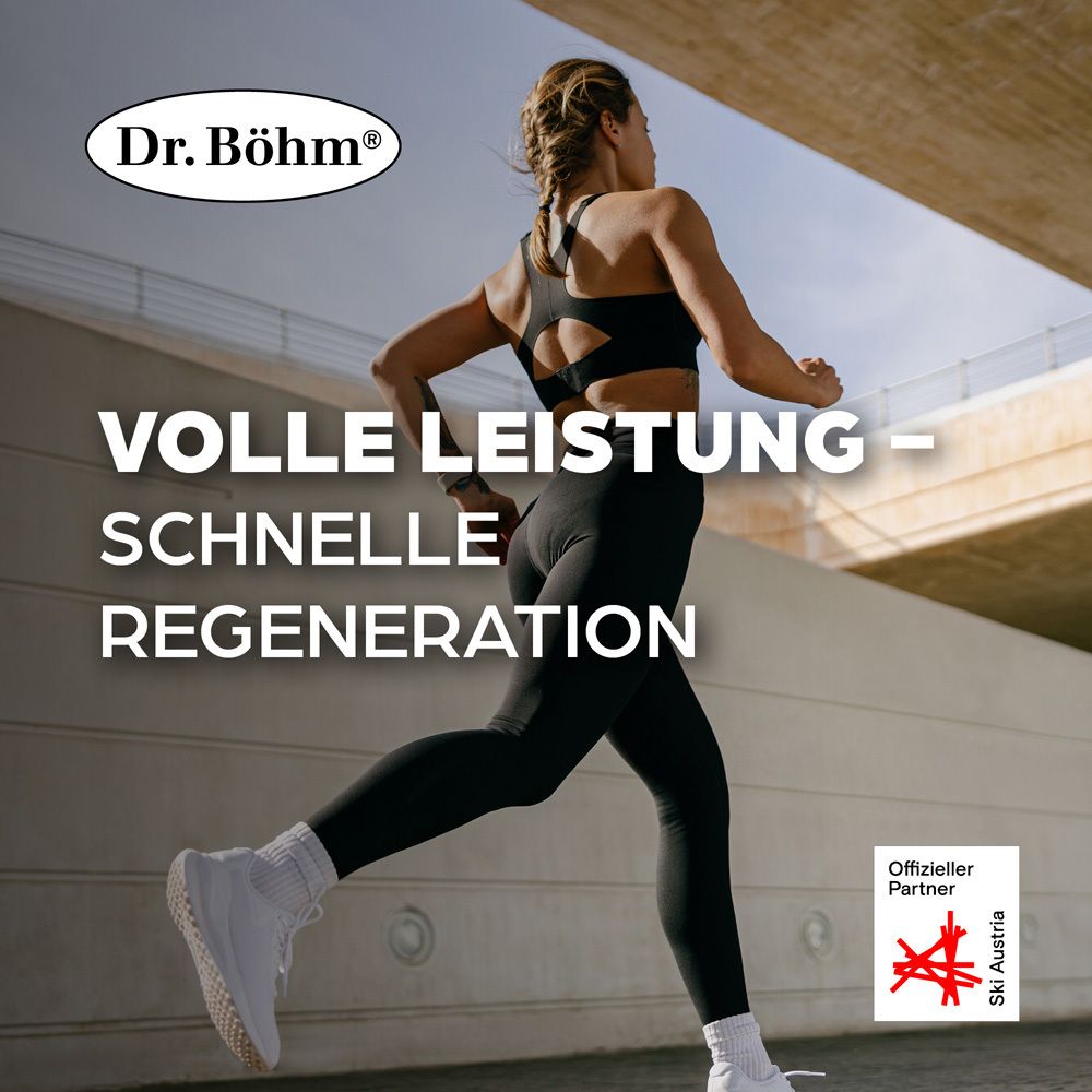 Läuferin in Sportkleidung. Text: "VOLLE LEISTUNG - SCHNELLE REGENERATION". Logo: Dr. Böhm. Offizieller Partner Ski Austria.