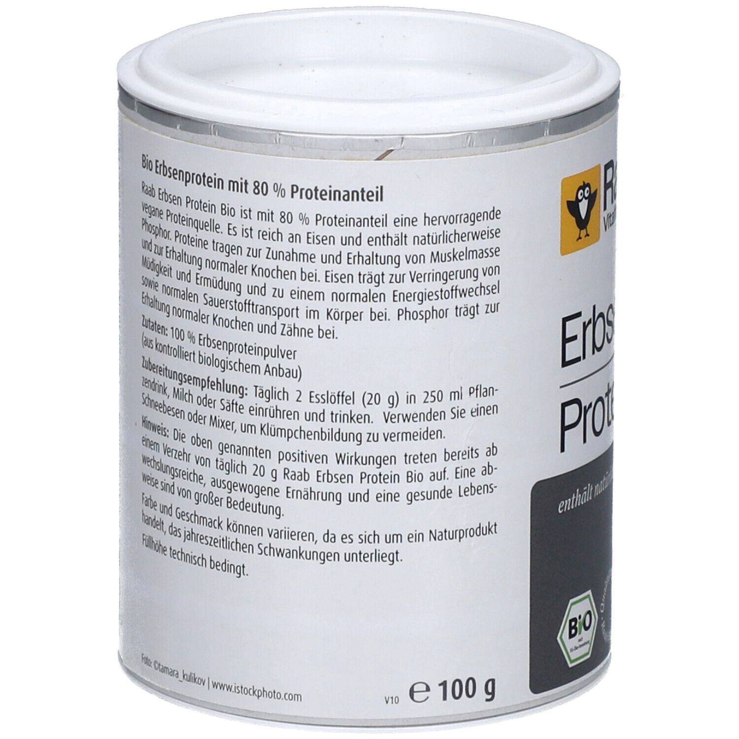 Dose Raab Vitalfood Bio Erbsenprotein Pulver. Text mit Nährwertangaben und Zubereitungshinweisen. Bio-Siegel, 100g.