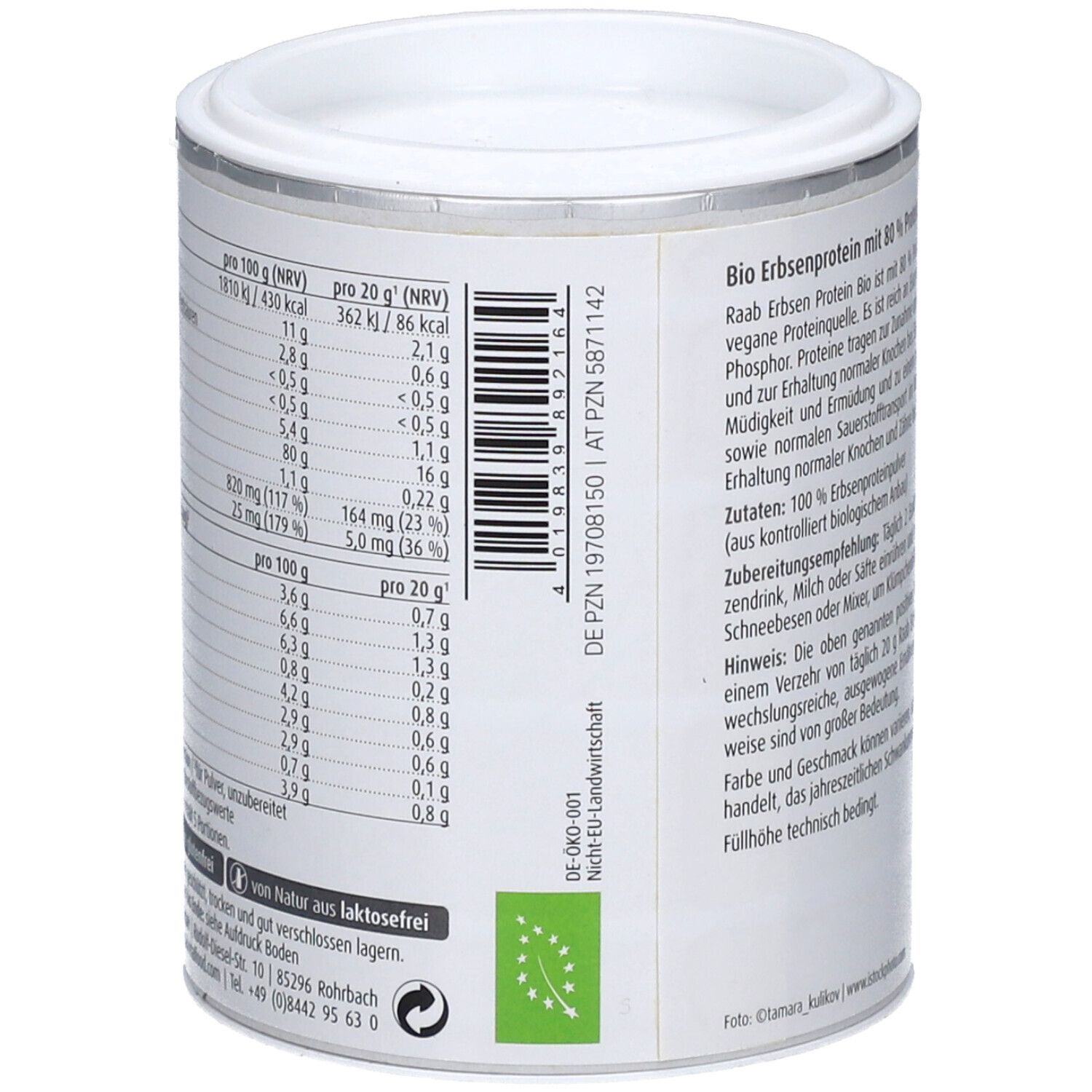 Dose Raab Vitalfood Bio Erbsenprotein Pulver. Rückseite mit Nährwerttabelle. Bio-Siegel, 100g.