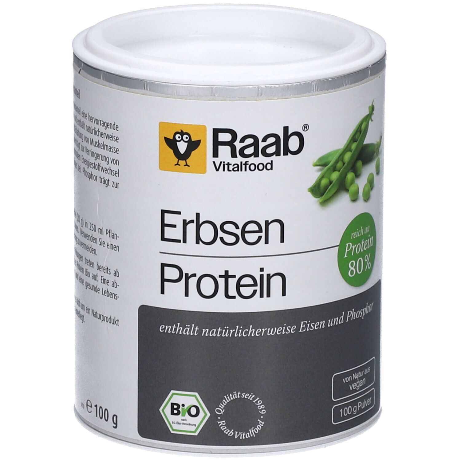 Dose Raab Vitalfood Bio Erbsenprotein Pulver. Enthält 80% Protein. Vegan, Bio-Siegel, 100g.