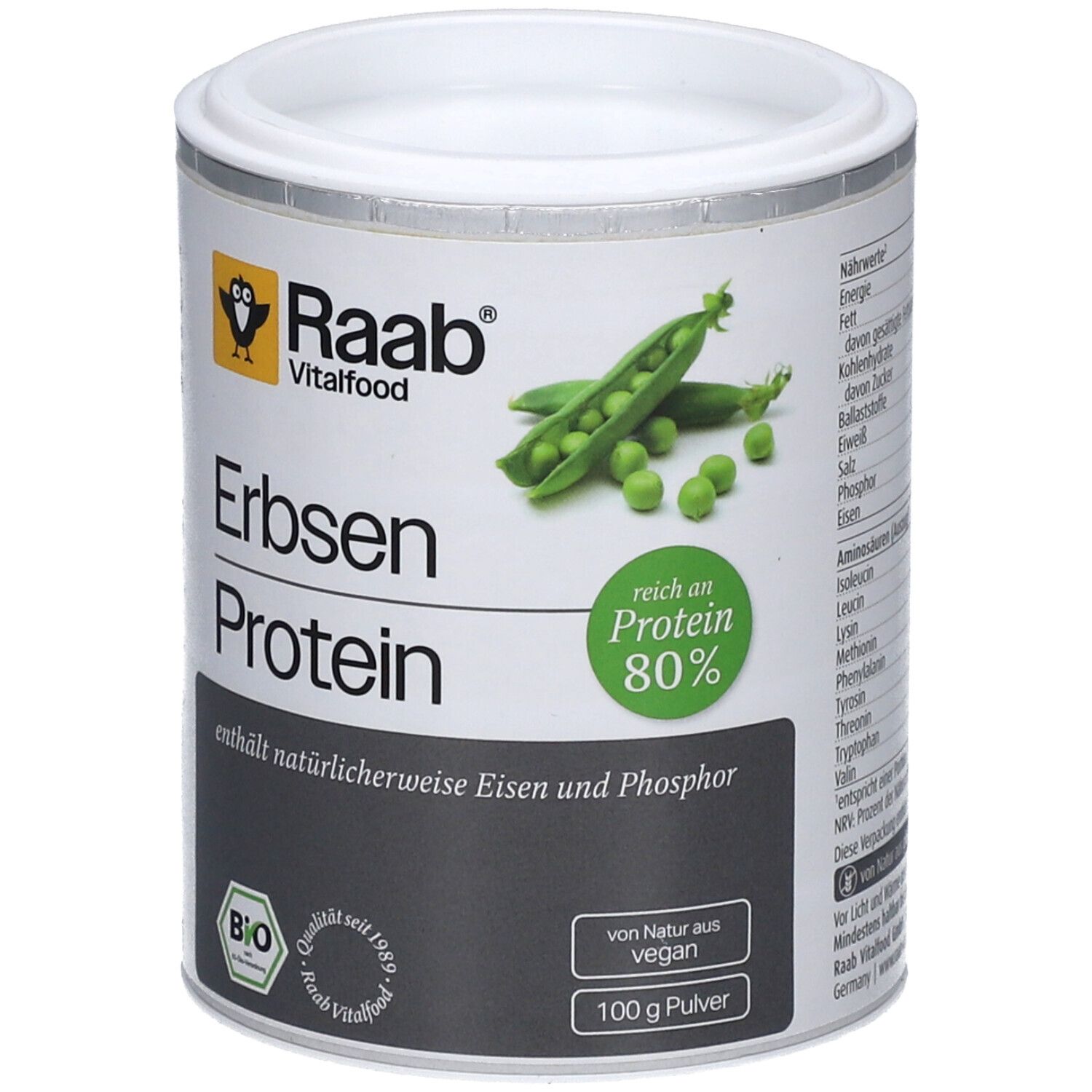 Dose Raab Vitalfood Bio Erbsenprotein Pulver. Enthält 80% Protein. Vegan, Bio-Siegel, 100g.