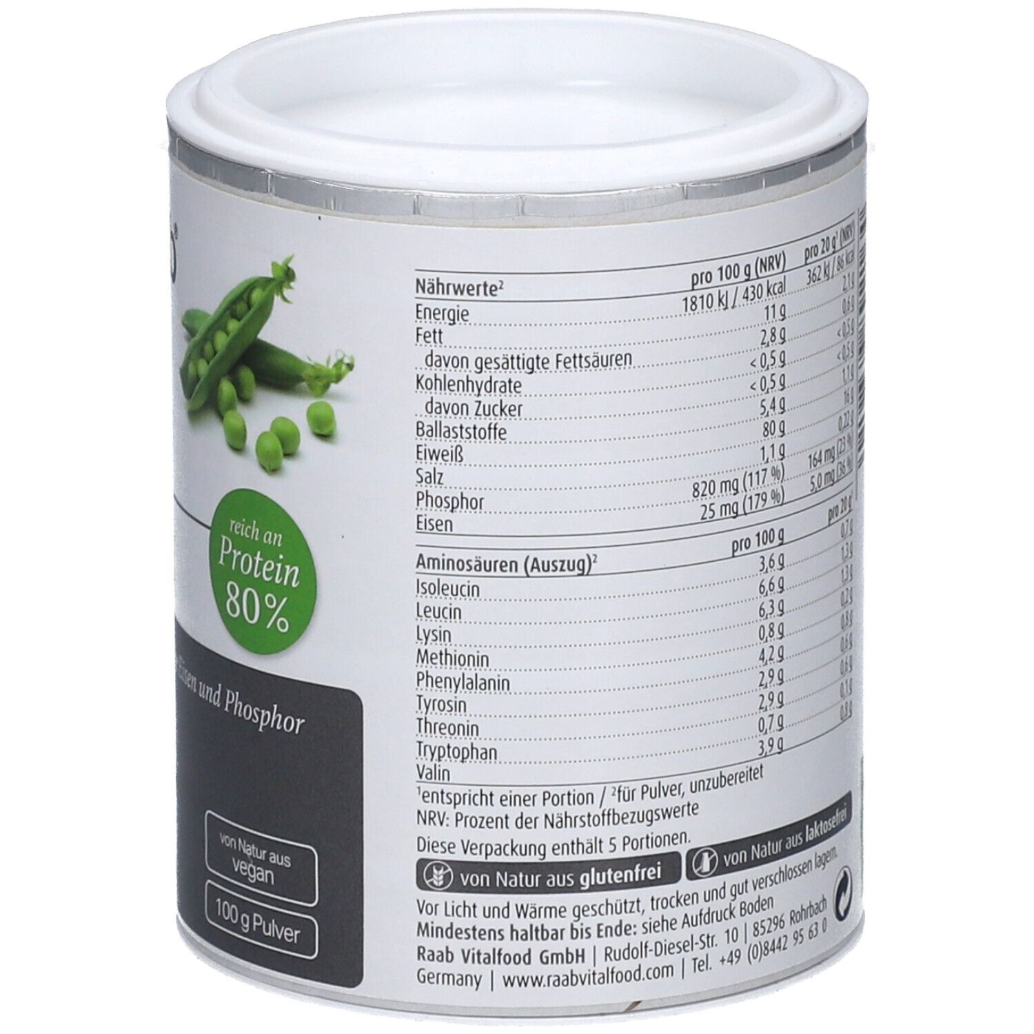 Dose Raab Vitalfood Bio Erbsenprotein Pulver. Rückseite mit Nährwerttabelle. Bio-Siegel, 100g.