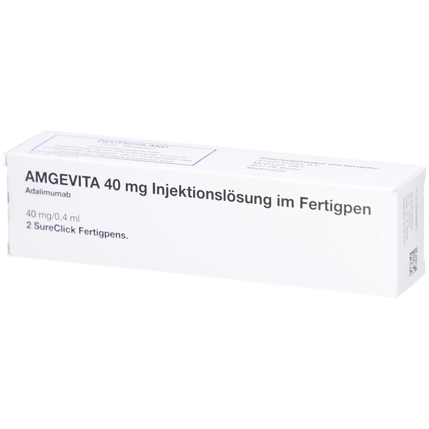 Weißer Karton mit Aufschrift AMGEVITA 40 mg Injektionslösung im Fertigpen. Enthält 2 Fertigpens.