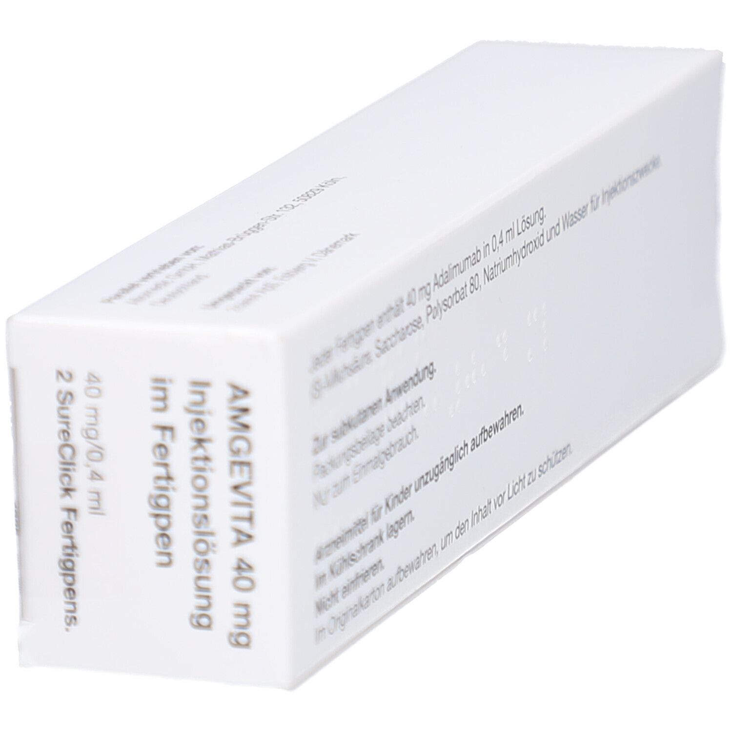 Weißer Karton, AMGEVITA 40 mg Injektionslösung im Fertigpen. Enthält 2 Fertigpens. Text auf Deutsch.