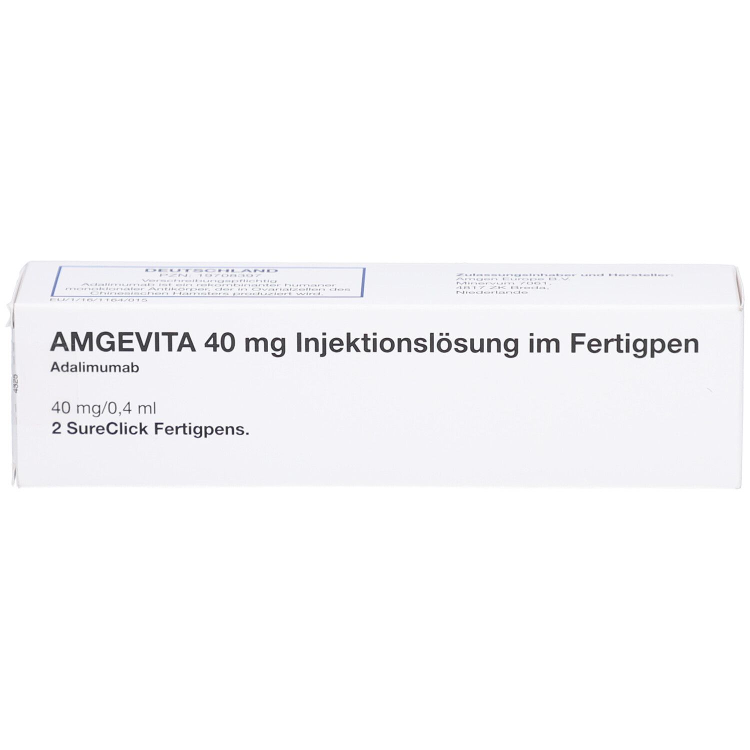 Weißer Karton mit Aufschrift AMGEVITA 40 mg Injektionslösung im Fertigpen. Enthält 2 Fertigpens.