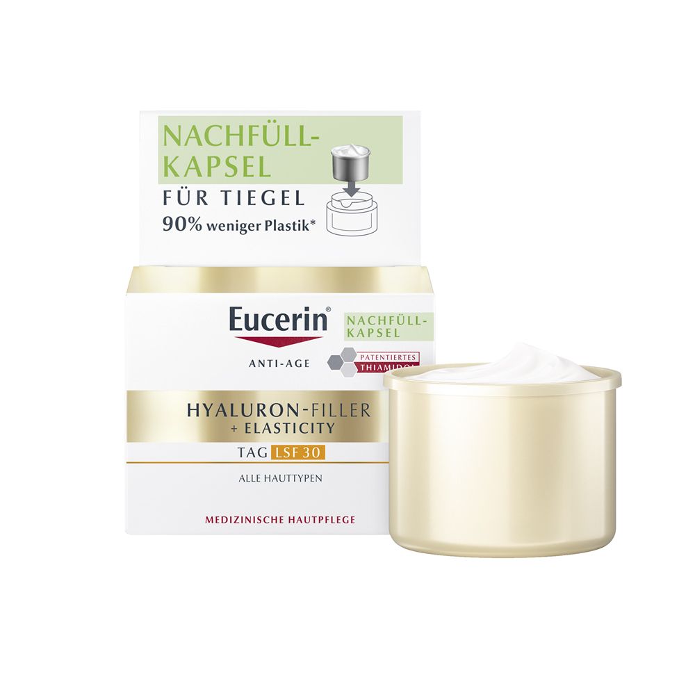 Eucerin Hyaluron-Filler + Elasticity Tag LSF 30 Nachfüllkapsel. Creme-Tiegel und Verpackung.