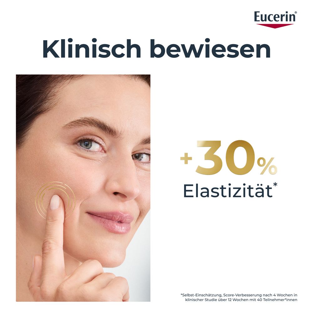 Frau berührt Gesicht. Text: Klinisch bewiesen. +30% Elastizität.